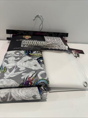 NWT Ed Hardy Tattoo Shadows (14) Piece Shower Curtain Set with Fabric/Plastic.